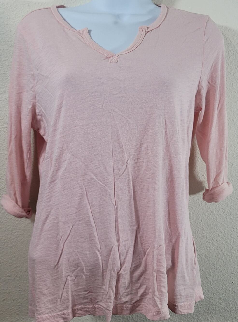 Faded Glory Pink Slub Knit Top Medium Lightweight Soft 3/4 Cuff Sleeves Stretchy